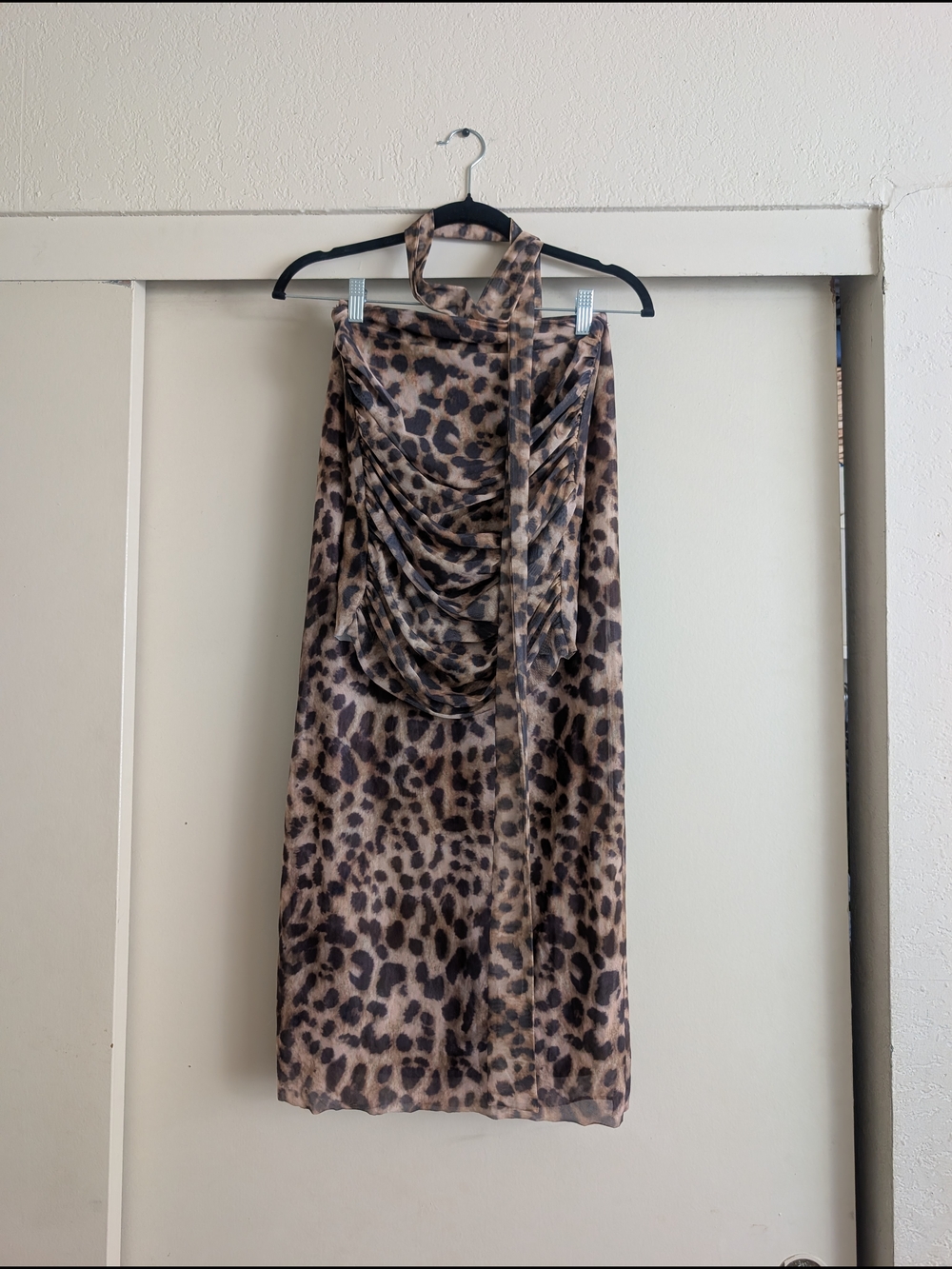 Leopard Print Midi Skirt & Tube Top Set - Brown & Black With Scarf
